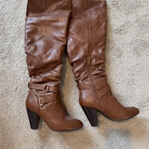 Rampage Brown Heeled Boots with Chunky Heel and Slouchy Shaft